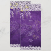 Rustisch Paars WISTERIA-Lace Wedding Menu (Voorkant / Achterkant)
