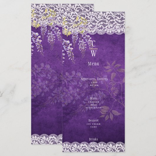  Rustisch Paars WISTERIA-Lace Wedding Menu (Voorkant / Achterkant)
