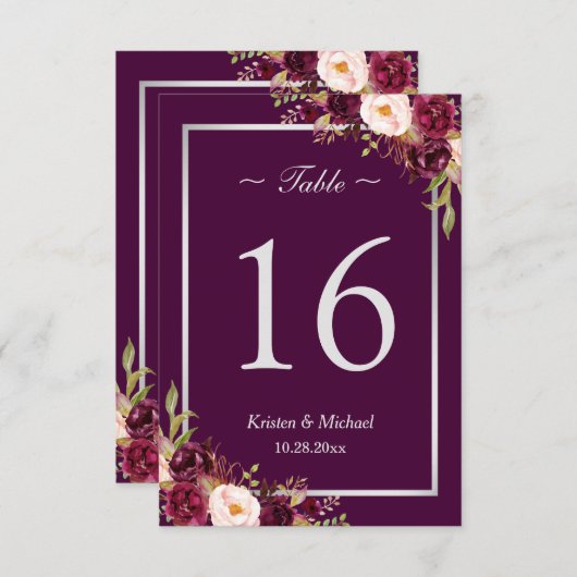 Rustisch Plum Paars Floral Silver Grey Table Numbe Kaart (Voorkant / Achterkant)