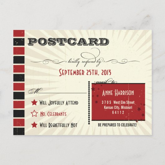 Rustisch Poster: RSVP rond het rode en zwarte huwe Uitnodiging Briefkaart (Achterkant)