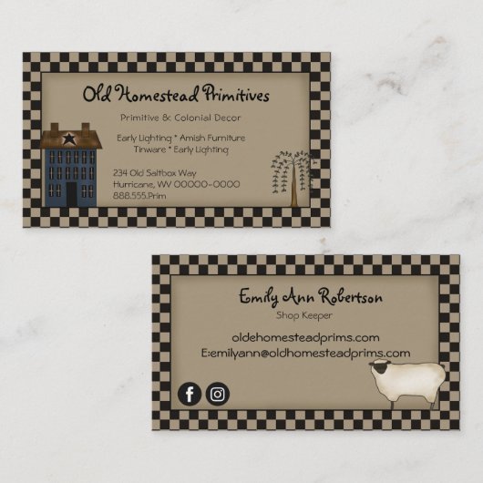 Rustisch primitief Saltbox Willow & Sheep Land Visitekaartje (Voorkant / Achterkant)