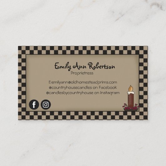 Rustisch primitief Visitekaartje met kaars gecontr (Achterkant)