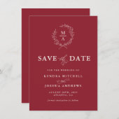Rustisch rood eenvoudig legant monogram sparen de save the date (Voorkant / Achterkant)