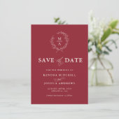 Rustisch rood eenvoudig legant monogram sparen de save the date (Staand voorkant)