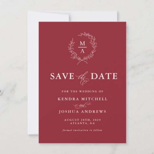 Rustisch rood eenvoudig legant monogram sparen de save the date (Voorkant)