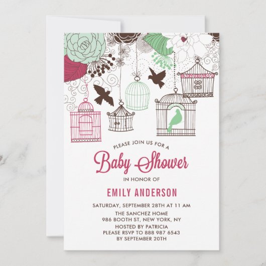 Rustisch Rood en Groene Vogelkooien Floral Baby sh Kaart (Voorkant)