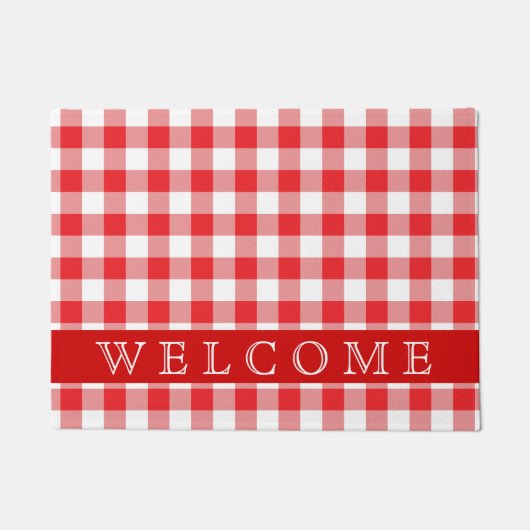 Rustisch rood en wit geplakt welkom deurmat (Voorkant)