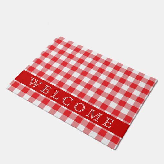 Rustisch rood en wit geplakt welkom deurmat (Schuin)