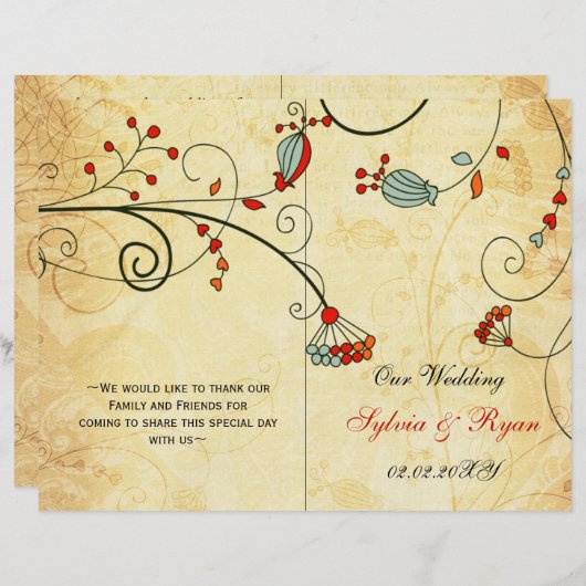 Rustisch, rood, gevouwen, herfst Wedding-programma (Voorkant / Achterkant)