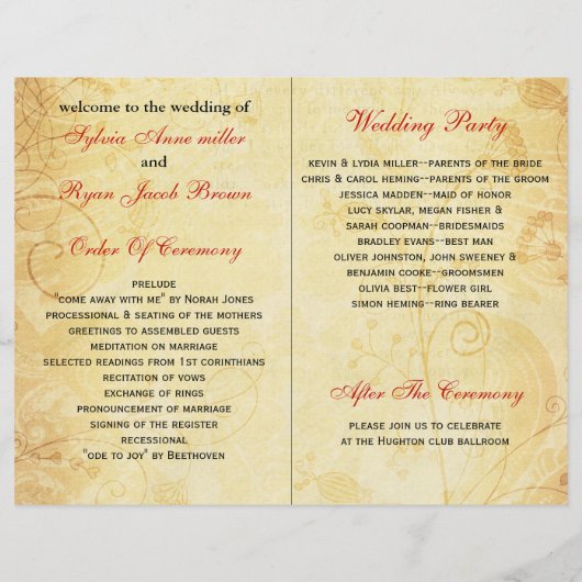 Rustisch, rood, gevouwen, herfst Wedding-programma (Achterkant)