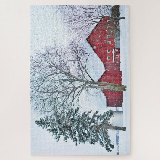 Rustisch rood landschap met wintersneeuw Boerderij Legpuzzel (Verticaal)