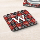 Rustisch Rood Zwart Pset Tartan Snowflake Monogram Bier Onderzetter (Linkerzijde)