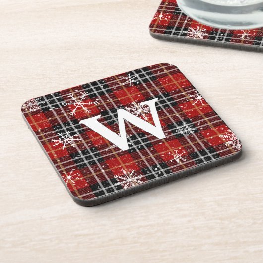Rustisch Rood Zwart Pset Tartan Snowflake Monogram Bier Onderzetter (Linkerzijde)