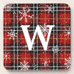 Rustisch Rood Zwart Pset Tartan Snowflake Monogram Bier Onderzetter