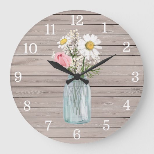 Rustisch Roos en Daisies Mason Jar Clock Grote Klok (Voorkant)