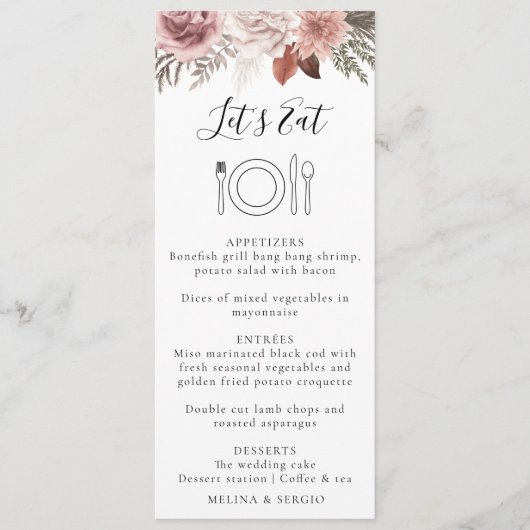 Rustisch Roos Gold Floral kalligrafie Wedding Menu (Voorkant)