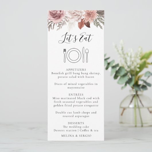 Rustisch Roos Gold Floral kalligrafie Wedding Menu (Staand voorkant)