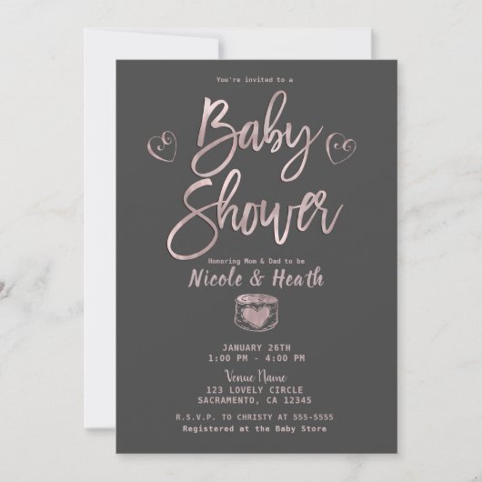 Rustisch Roos Gold Pink Grey Baby shower Kaart (Voorkant)