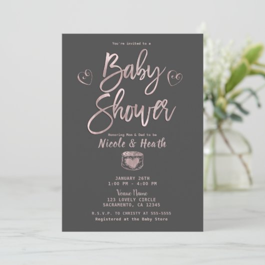 Rustisch Roos Gold Pink Grey Baby shower Kaart (Staand voorkant)