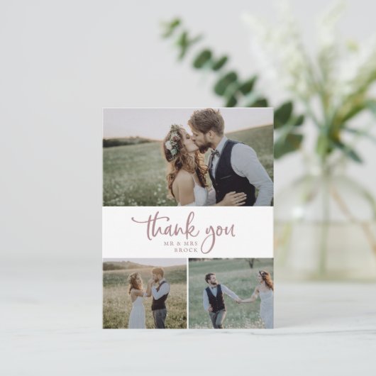 Rustisch Roos Gold Script 3 Foto Collage Wedding Bedankkaart (Staand voorkant)