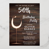 Rustisch Roos Gold Wine Glass Wood 50e verjaardag Folie Uitnodiging (Voorkant)