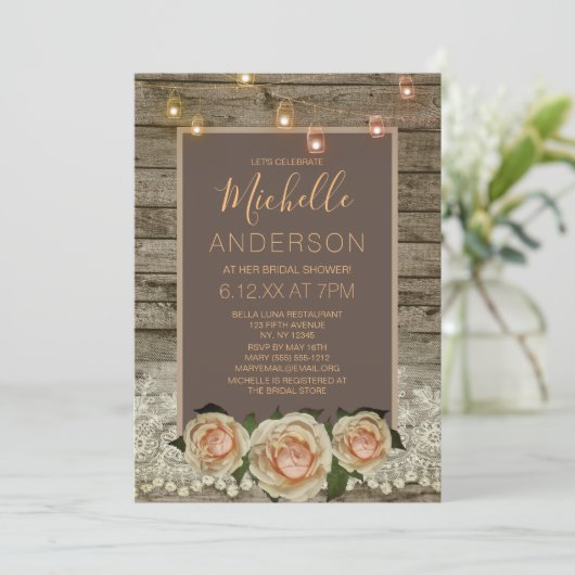 Rustisch Roos Lace Mason Jar LightS VRIJGEZELLENFE Kaart (Staand voorkant)