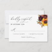 Rustisch Roos met zonnebloem Burgundy Fall Wedding RSVP Kaartje (Voorkant)