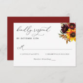 Rustisch Roos met zonnebloem Burgundy Fall Wedding RSVP Kaartje (Voorkant / Achterkant)