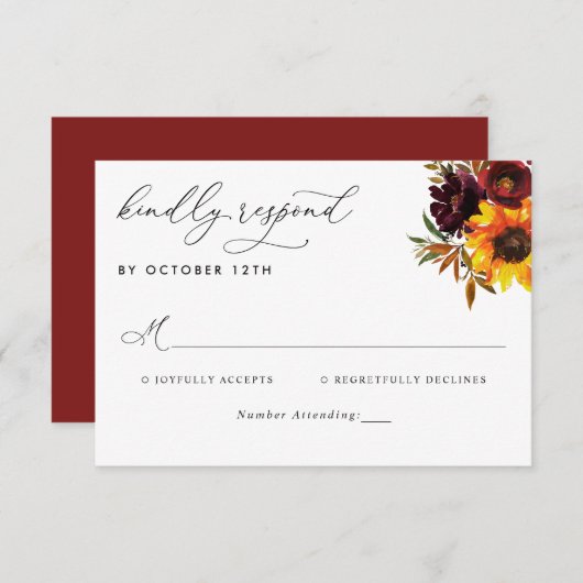 Rustisch Roos met zonnebloem Burgundy Fall Wedding RSVP Kaartje (Voorkant / Achterkant)