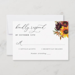Rustisch Roos met zonnebloem Burgundy Fall Wedding RSVP Kaartje