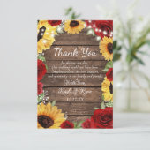 Rustisch Roos met zonnebloem Hout Rood Weddenschap Bedankkaart (Staand voorkant)