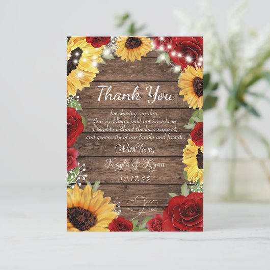 Rustisch Roos met zonnebloem Hout Rood Weddenschap Bedankkaart (Staand voorkant)