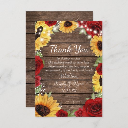 Rustisch Roos met zonnebloem Hout Rood Weddenschap Bedankkaart (Voorkant / Achterkant)