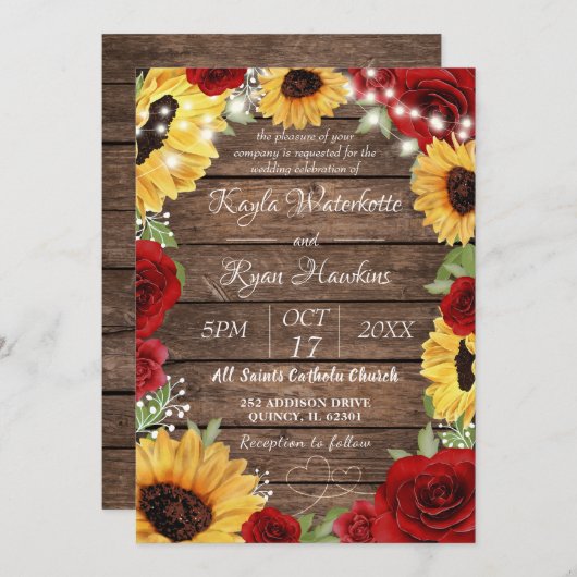 Rustisch Roos met zonnebloem Hout Rood Weddenschap Kaart (Voorkant / Achterkant)