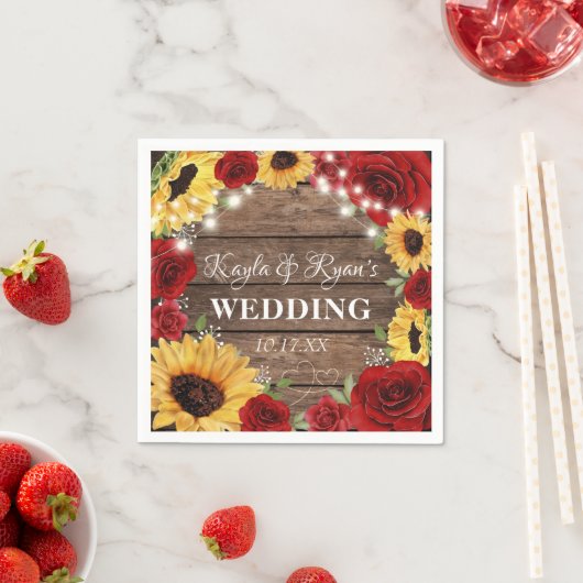 Rustisch Roos met zonnebloem Hout Rood Weddenschap Servet (Insitu)