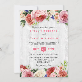 Rustisch Roos Roze Floral Chic White Wood Wedding Kaart