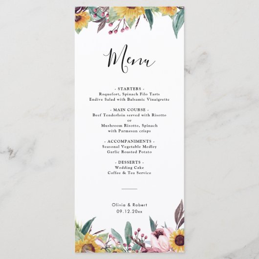 Rustisch Roos van zonnebloemen Burgundy Fall Weddi Menu (Voorkant)