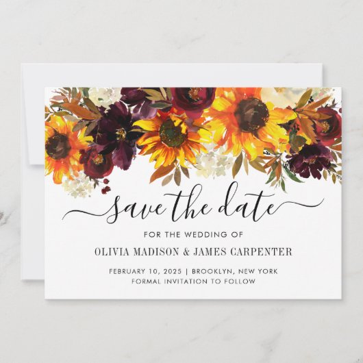 Rustisch Roos van zonnebloemen Burgundy Floral Fal Save The Date (Voorkant)