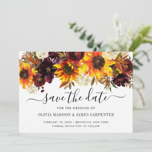 Rustisch Roos van zonnebloemen Burgundy Floral Fal Save The Date (Staand voorkant)