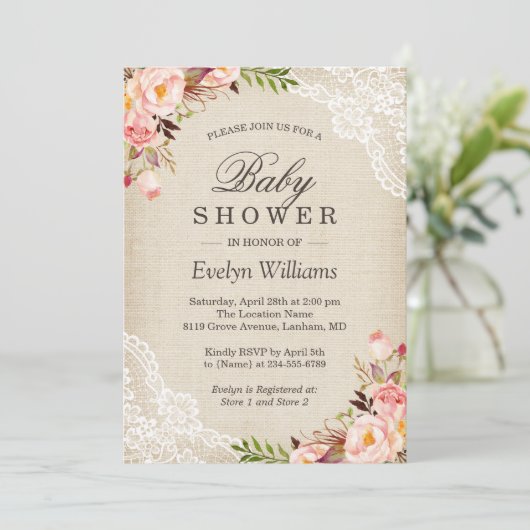 Rustisch roze Baby shower voor ivoor Burlap Kaart (Staand voorkant)