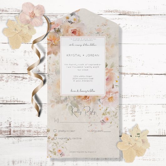 Rustisch Roze Blush Floral Lijst Geen diner All In One Uitnodiging