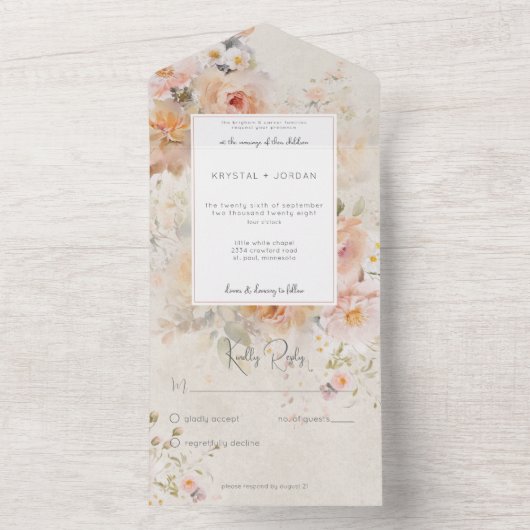 Rustisch Roze Blush Floral Lijst Geen diner All In One Uitnodiging (Binnen)