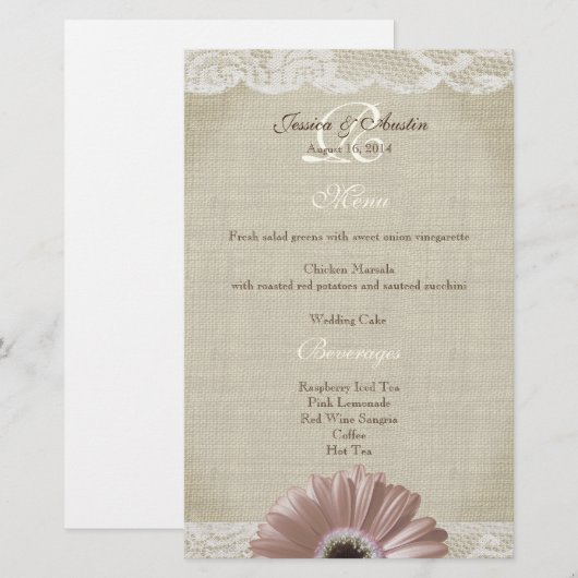 Rustisch  Roze Daisy en Lace Menu (Voorkant / Achterkant)