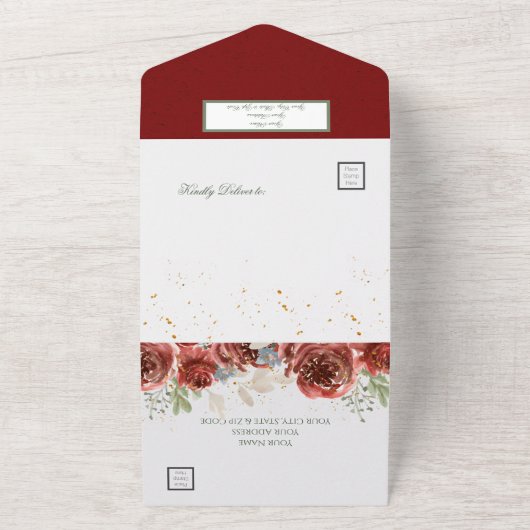 Rustisch roze en goudgroen diner all in one uitnodiging (Buitenkant)