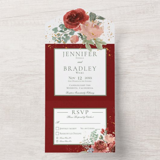 Rustisch roze en goudgroen diner all in one uitnodiging (Binnen)