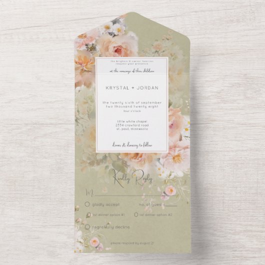 Rustisch Roze en Sage Floral Lijst All In One Uitnodiging (Binnen)