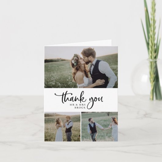 Rustisch script 3 Foto collage vouwbruiloft Bedankkaart (Voorkant)