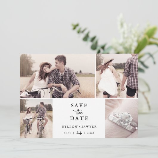 Rustisch Script 4 Foto collage slaat de datum op Save The Date (Staand voorkant)
