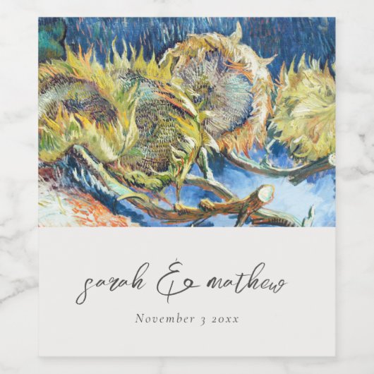 Rustisch script Blue Yellow Sunflower Wedding Wijn Etiket (Enkel label)