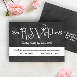 Rustisch script Chalkboard Wedding Black RSVP Kaartje<br><div class="desc">Charmante krijtbord bruiloft RSVP-briefkaarten voor een casual chique gelegenheid zijn voorzien van handgeschreven stijl lettertypen en scroll design die een wit krijt uiterlijk hebben op een achtergrond die een rustieke zwarte bord textuur heeft. De ruimte in het midden van de kaart is wit,  zodat gastantwoorden gemakkelijk te lezen zijn.</div>